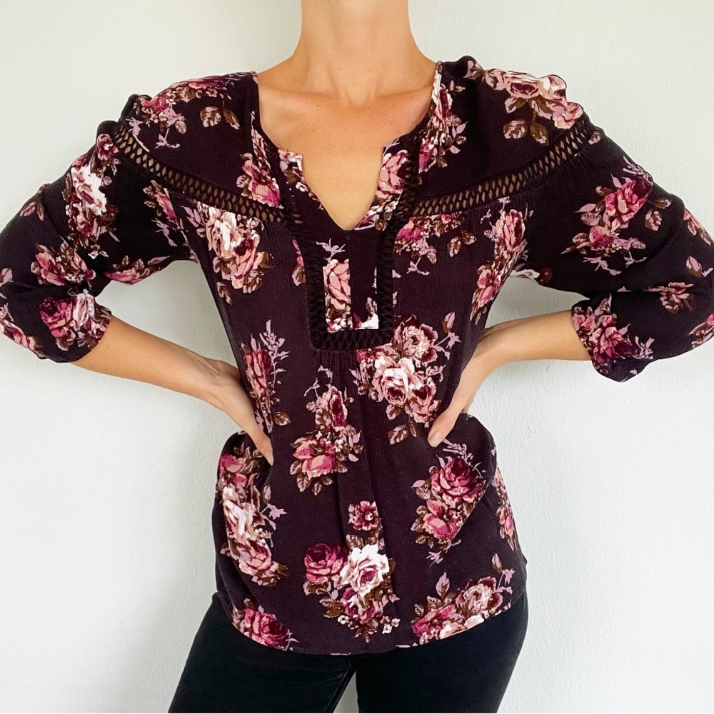 Pale Sky purple floral boho cut out long sleeve blouse size XL